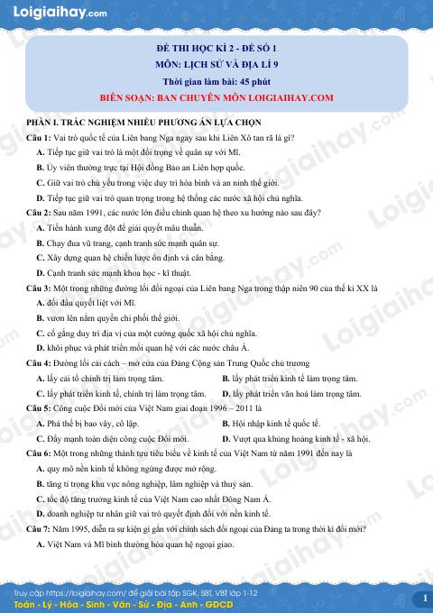 Đề thi học kì 2 Lịch sử và Địa lí 9 - Đề số 1